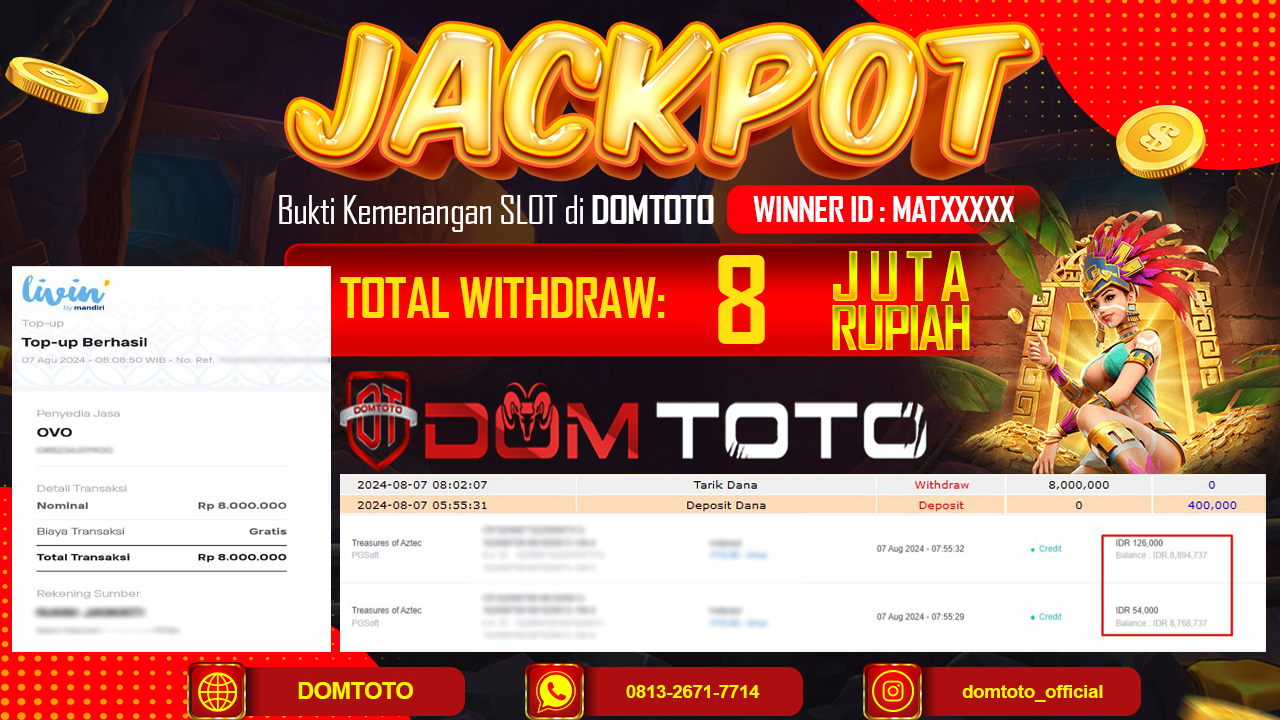 JACKPOT SLOT PG SOFT TREASURE OF AZTEX 07 AGUSTUS 2024